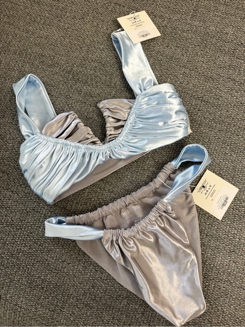 Divino Seas Satin Ruched Bralette & Bikini Set - Light Blue and Silver